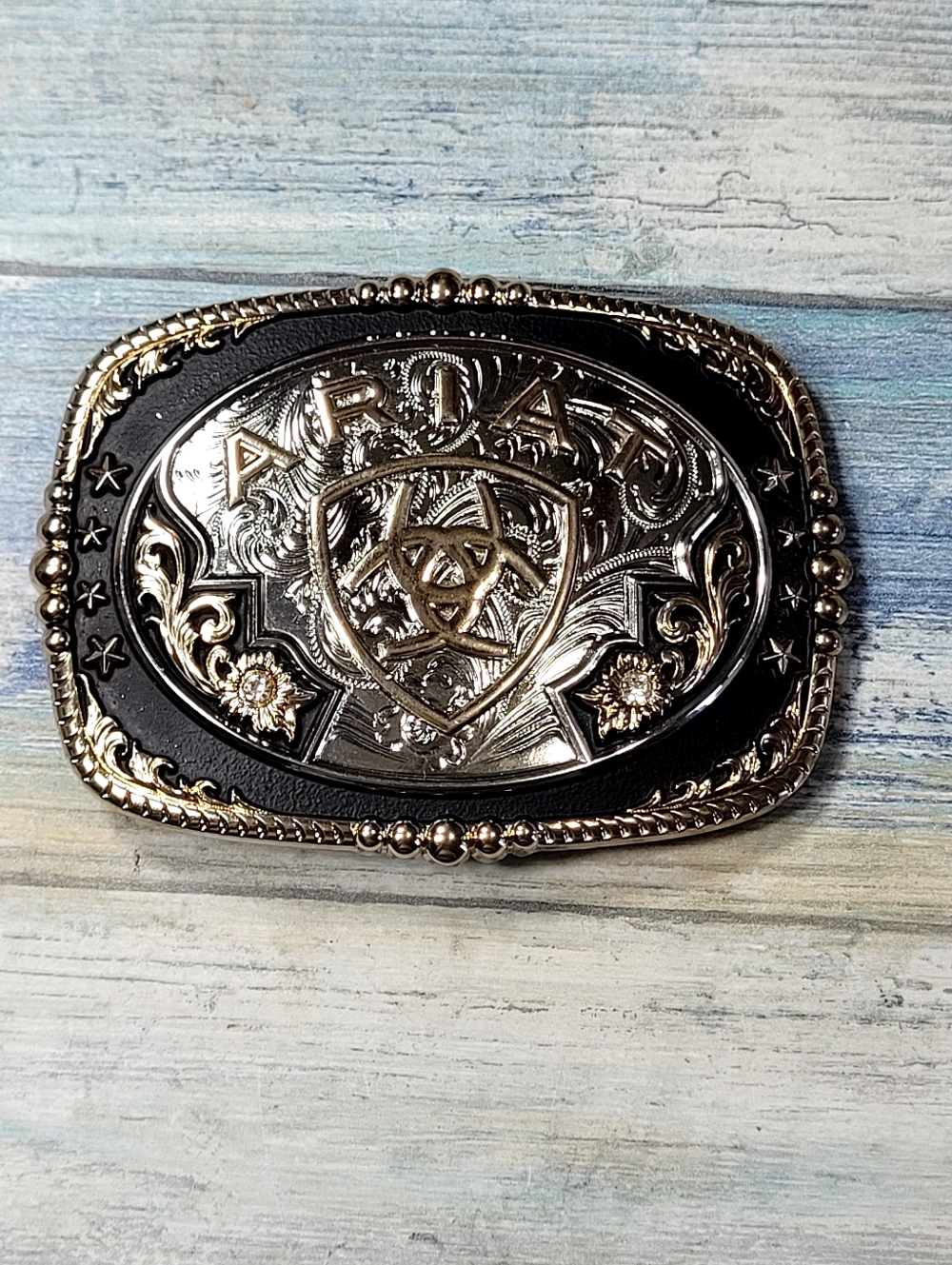 ARIAT Ornate Silver/Gold & Black Western Shield Belt Buckle